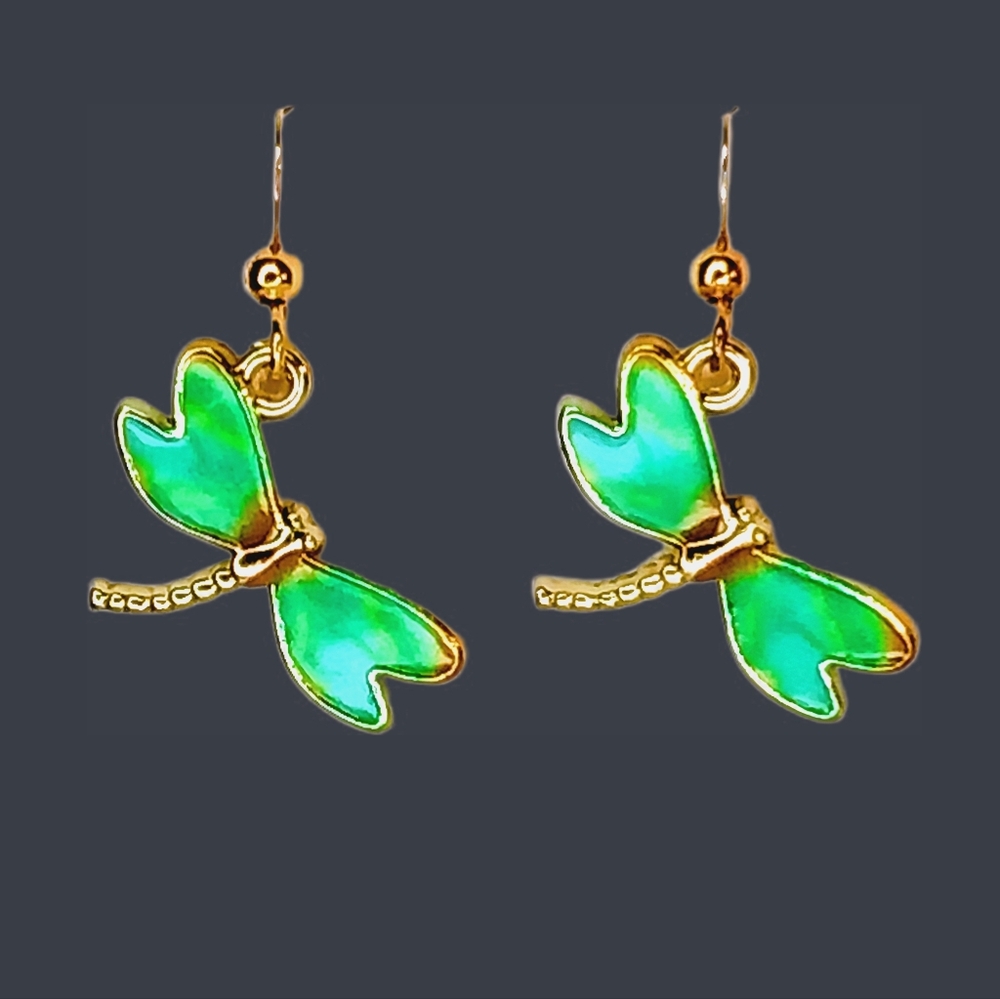 Green and Gold Dragonfly French Hook Earrings- Boho Nature Gift Inspiration